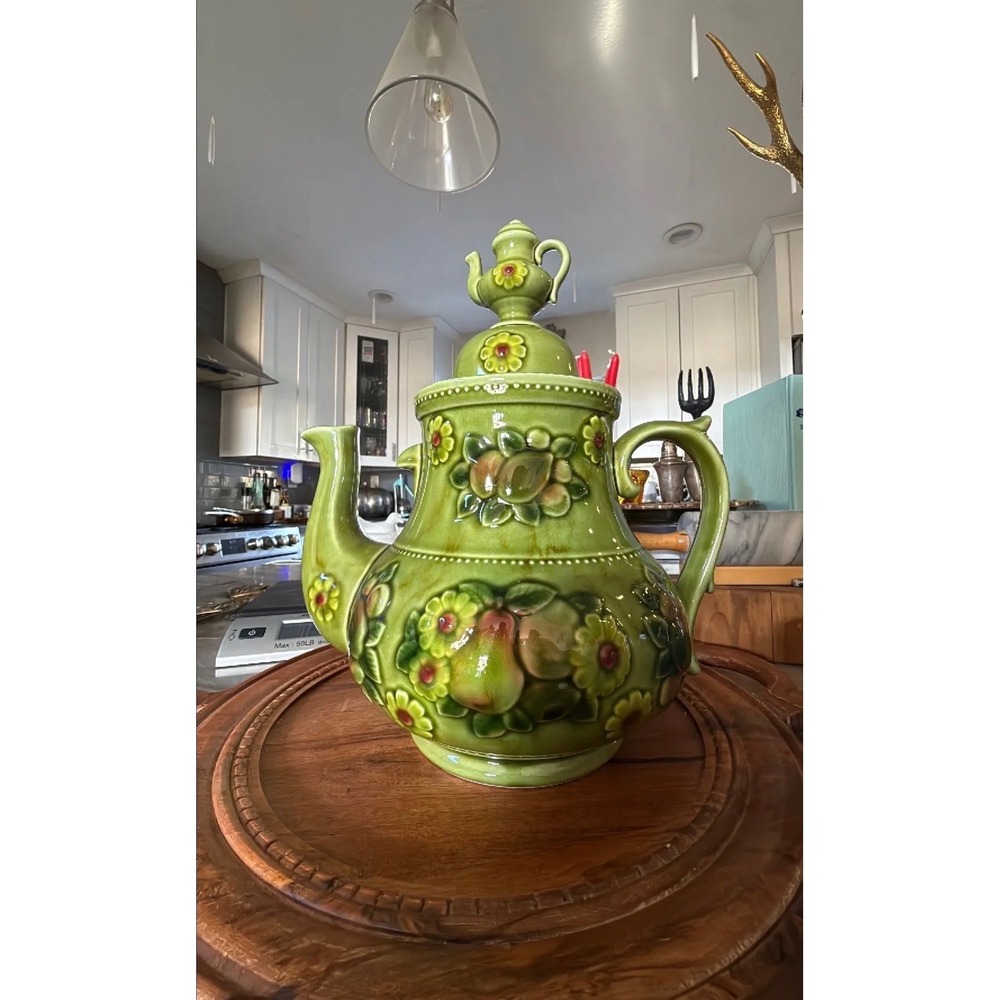 Vintage Japan Majolica Style Teapot Cookie Jar Canister Green Fruit Floral 12 In